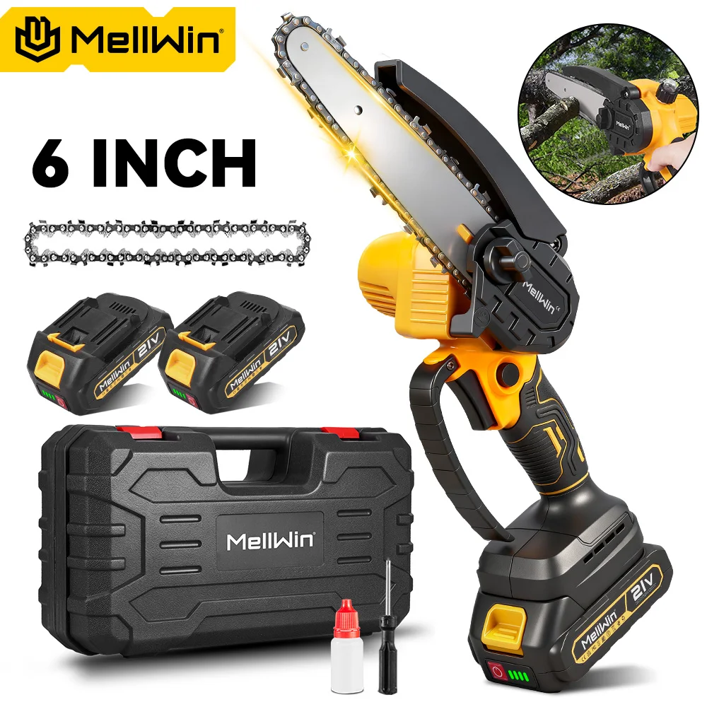 MELLWIN 6 Zoll Kabellose Elektrische Kettensäge Handgehaltene Tragbare Garten-Mini-Astschere Holzbearbeitungs-Säge für Makita 18V Akku