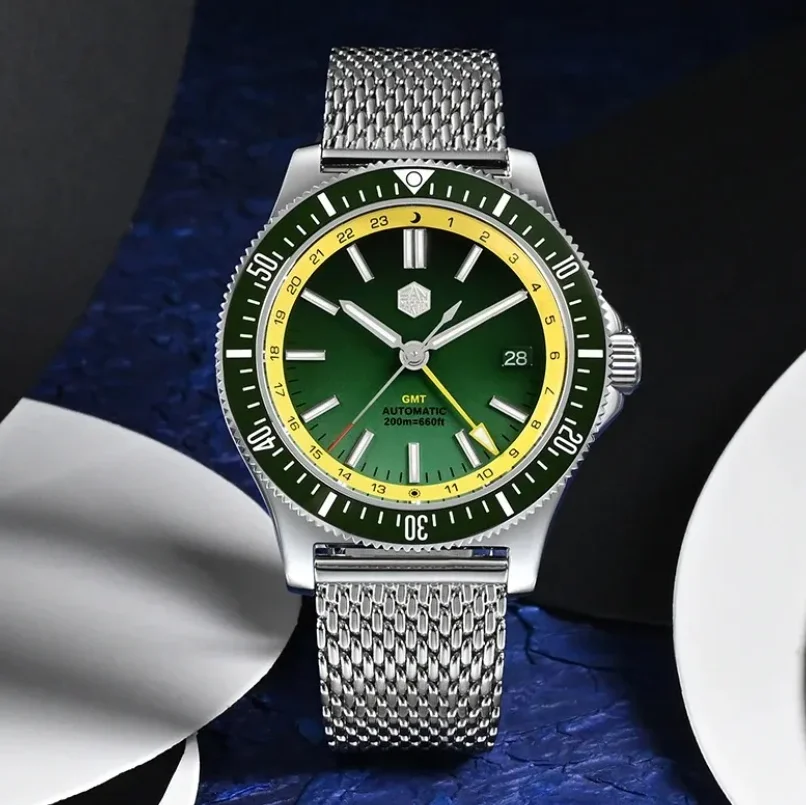 

Мужские часы San Martin GMT, 41 мм, автоматические механические наручные часы, 20 бар, водонепроницаемые, BGW-9, светящийся сапфир, NH34, градиентный циферблат