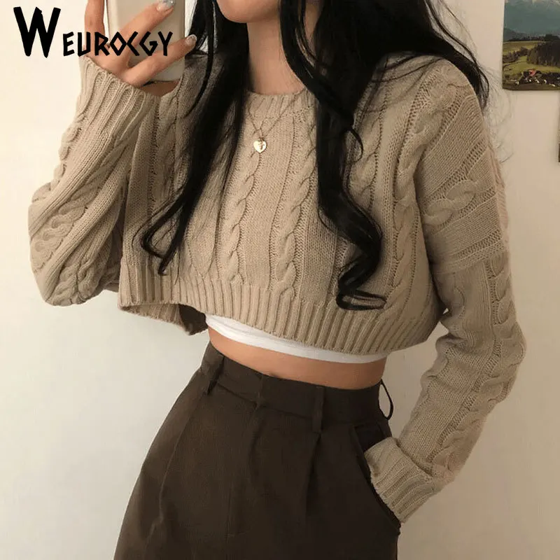 Women Cropped Knitted Sweater 2023 Autumn Winter Fashion Casual Loose Solid Color Round Neck Long Sleeve Pullovers Casual Tops