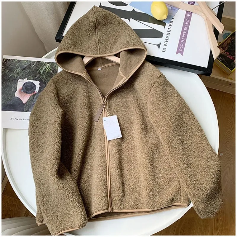 Women\'s 2023 Autumn/Winter Fashion Warm Loose Lamb Wool fleece Hooded Zipper Long Sleeve Coat Jacket Top