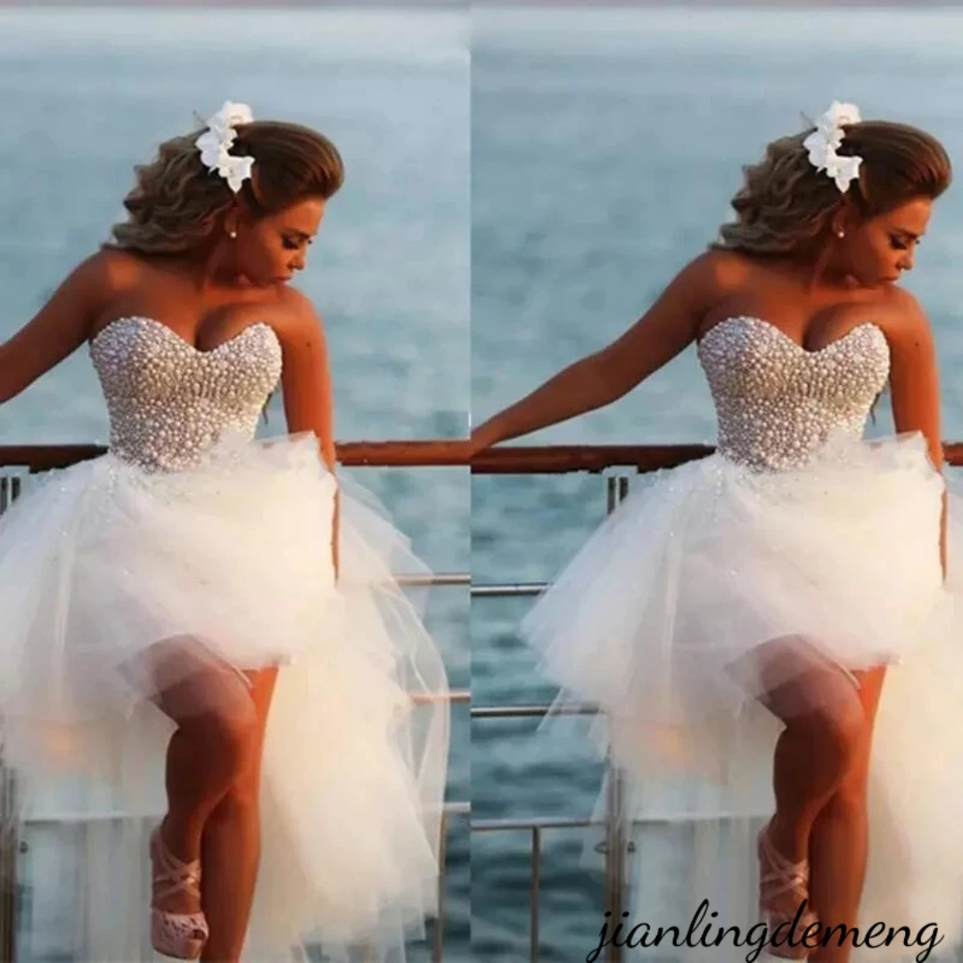 Unique Sweetheart Tulle Wedding Dress Pearls Short Front Long Back Beach Bridal Gown Vestido De Noiva Elegant Customized