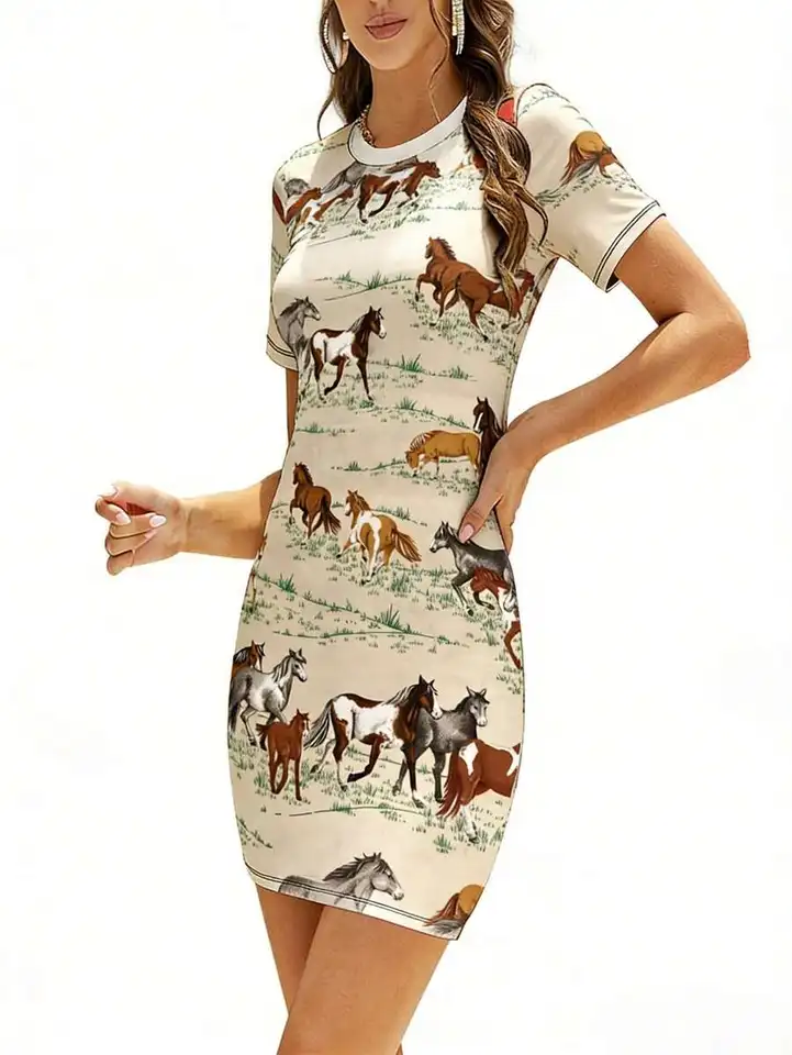Womens Vintage Horse Print Bodycon Dress