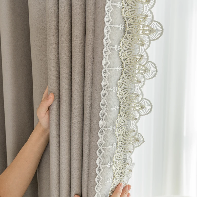 French White Gauze Lace Window Gauze Purple Lace Splicing Thickened Curtains for Living Room Bedroom French Window Balcony