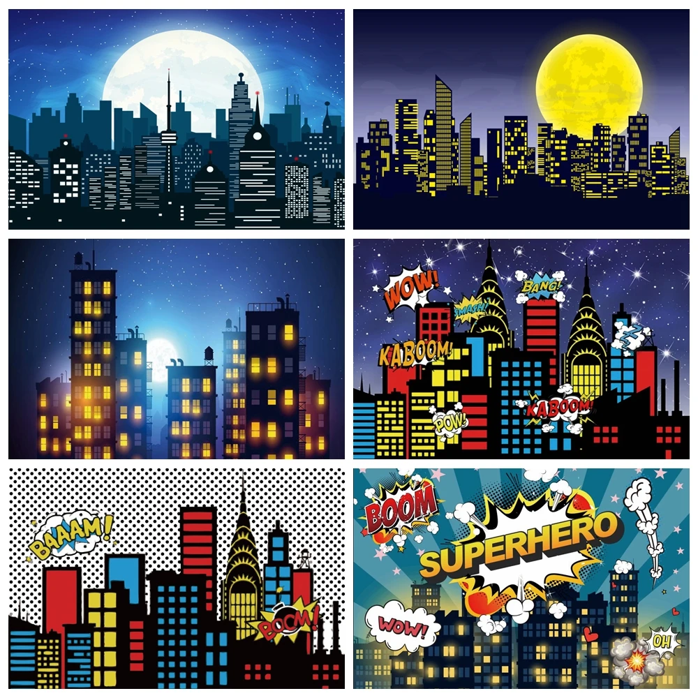 Superhero City Building Night Background Comic Skyline City Architecture Baby Shower Kid Boy Birthday Party Decor Backdrop Props