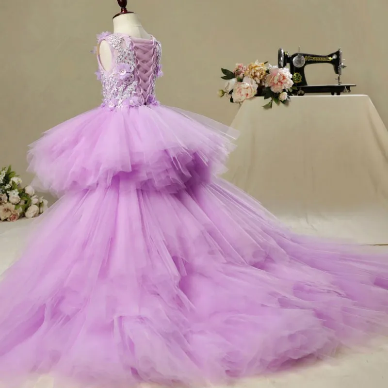 Elegant Long Trailing Appliques First Communion Dress Purple Tulle Ball Gown Kids Pageant Gown Flower Girl Dress for Weddings