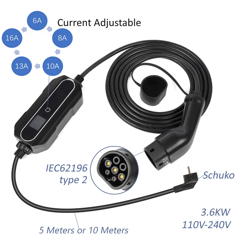 Oplader voor elektrische auto Type 2 Type 1 Modus 2 Niveau 2 Draagbare EVSE EV-autolaadkabel 6A-16A-32A 5 meter 10 meter 15 meter