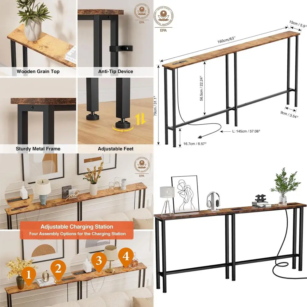 

Длинный узкий диванный столик 63 дюйма с розетками и USB-портами, металлический, для гостиной или прихожей, простая сборка, кабель 4,9 фута