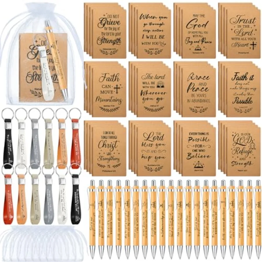 

Spakon 192 Pcs/48 Set Christian Gifts Bulk for Women Men Bible Verse Pens Religious Notebook Christian Keychain for Sunday Scho