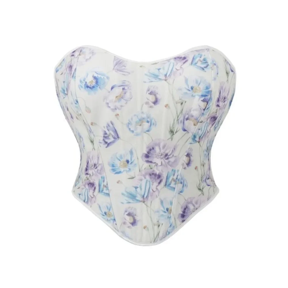 

Женский летний корсет с цветочным принтом, на шнуровке, без спинки, облегающий, винтажный, в готическом уличном стиле, сексуальный бюстье