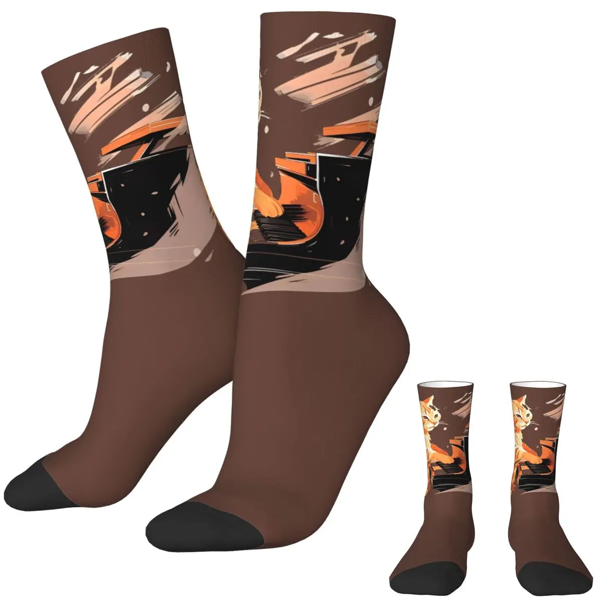 Cats Playing Piano Socks Vintage Stockings Couple Soft Breathable Skateboard Socks Autumn Design Non-Slip Socks