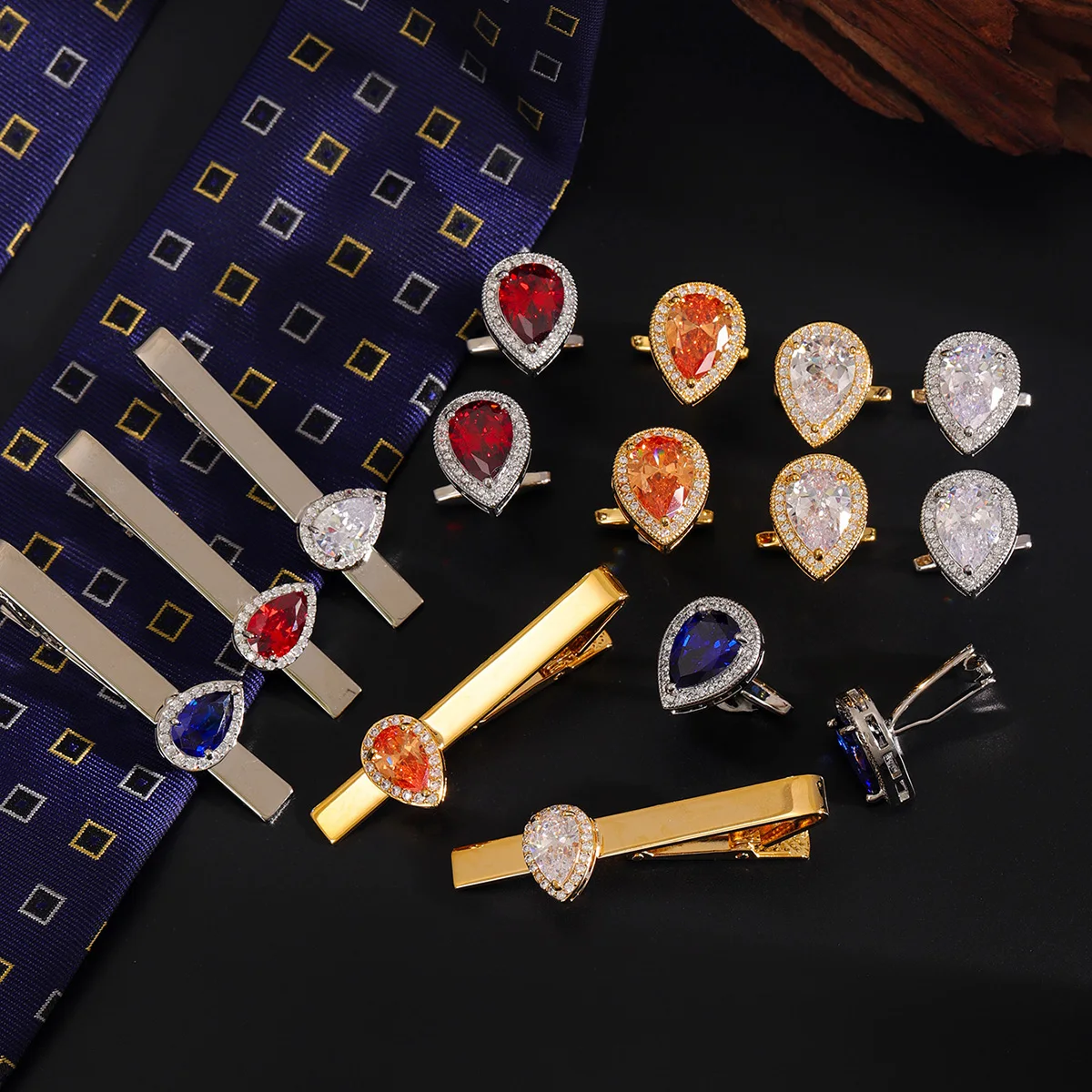 A stylish high-grade zircon water drop cufflink tie clip three-piece set for men's daily wear