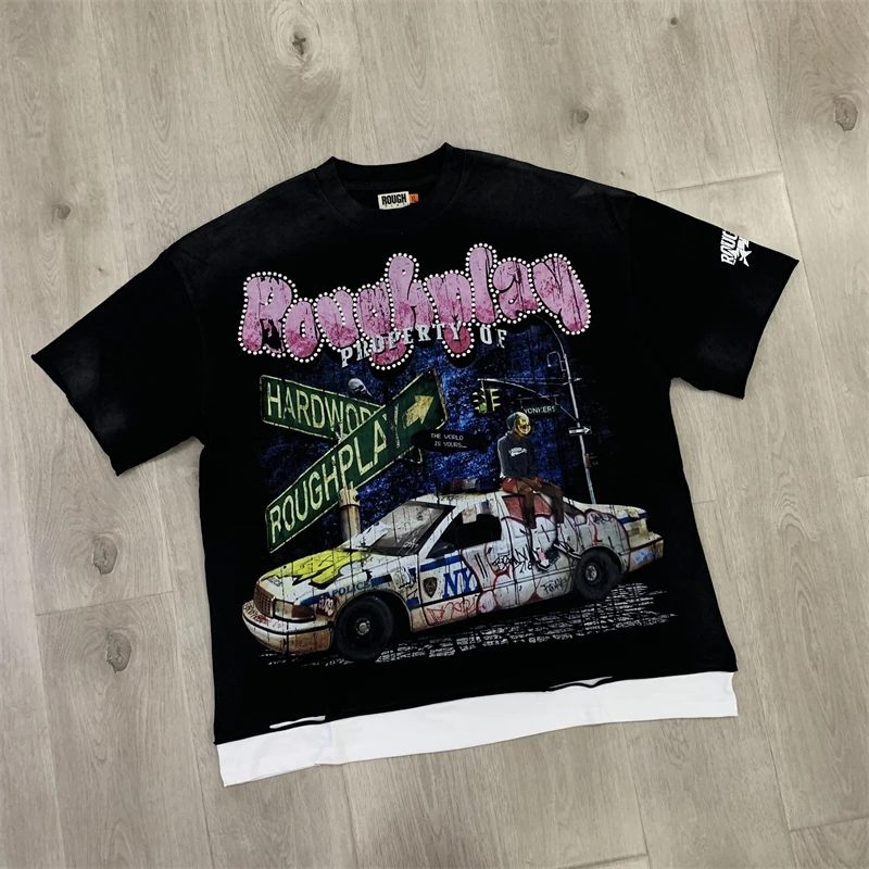 

Harajuku 2025ss ROUGHPLAY футболка для мужчин и женщин триллер с принтом черепа готическая строчка с коротким рукавом свободная повседневная футболка