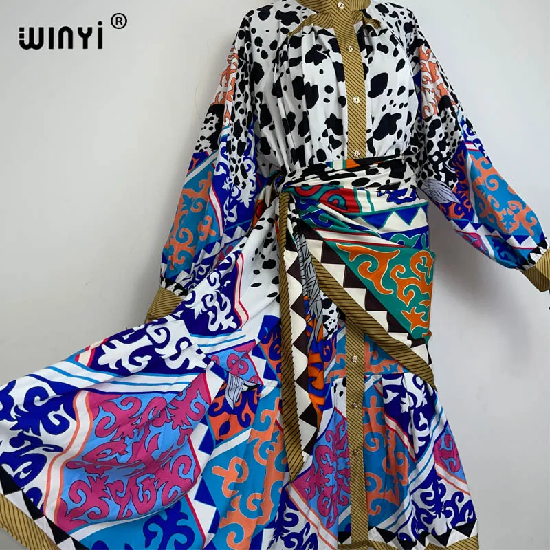Winyi moda quimono impressão casaco manga longa cardigan abaya mulher muçulmana beachwear cobrir boho vestido kaftan abaya dubai luxo
