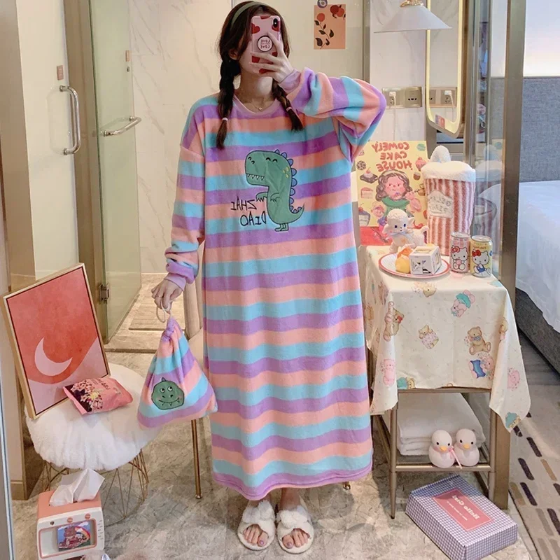 2023 Winter Long Sleeve Thick Warm Flannel Nightgown For Women Cute Cartoon Coral Velvet Sleepwear Night Dress Nightdress nighty