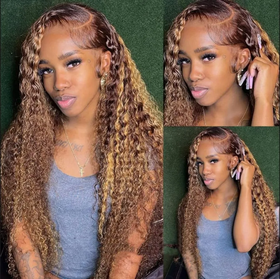 

300% Density Highlight Ombre Deep Wave 13x6 Lace Front Wigs Human Hair Pre Plucked With Baby Hair #427 Deep Curly Lace Front Wig