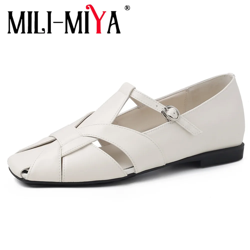 MILI-MIYA Women Full Genuine Leather Flats Weave Upper Square Toe Built-In Heel Buckle Strap Solid Color Casual Street Shoes