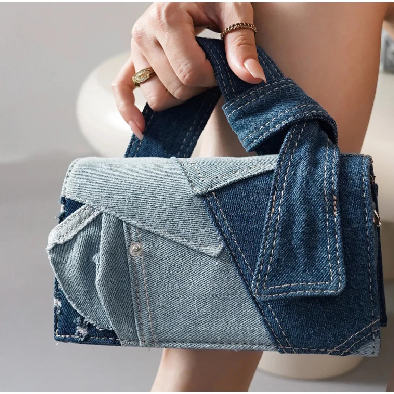 Winter New Simple Denim Splicing Small Square Bag Ladies Fashion High Quality Handbag Multifunctional Hundred Shoulder Bag