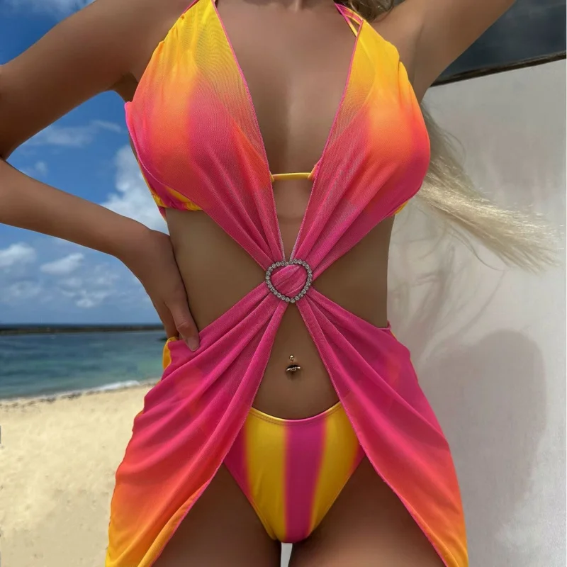 New striped gradient heart mesh skirt three-piece swimsuit bikinibikin