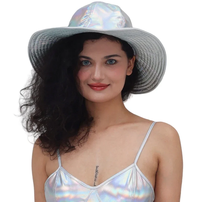 Kapelusz typu bucket hat z szerokim rondem, metaliczny, błyszczący, dwukomorowy, w stylu hip-hopowym, jednolity kolor, uniwersalny, model 2025.