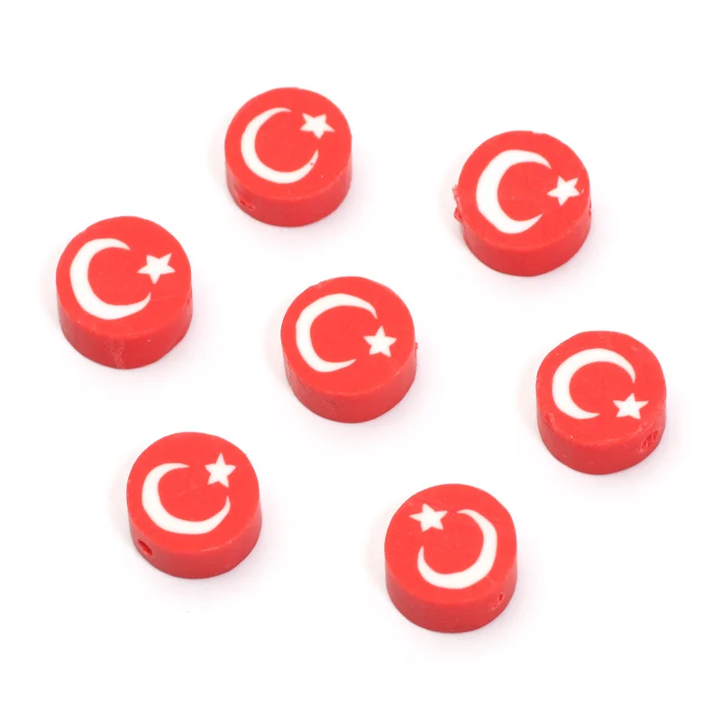 20/50pcs 9mm Clay Turkish Flag Beads for Bracelets Flat Polymer Clay Loose Spacer Beads for Jewelry Marking Necklace Findings