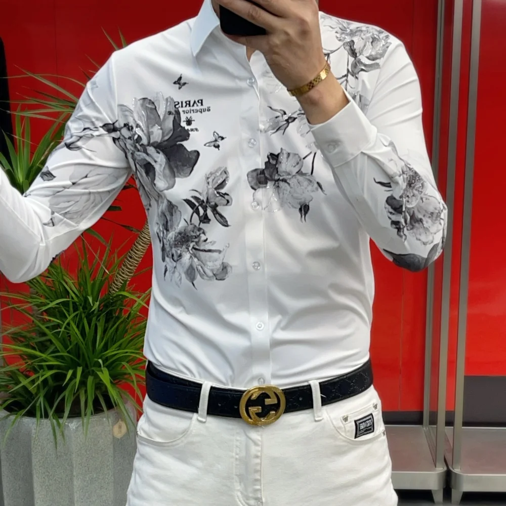Brand Rhinestone Flower Men's Shirt Long Sleeve Casual Business Dress Shirts Slim Fit Social Party Stage Performance Costumes