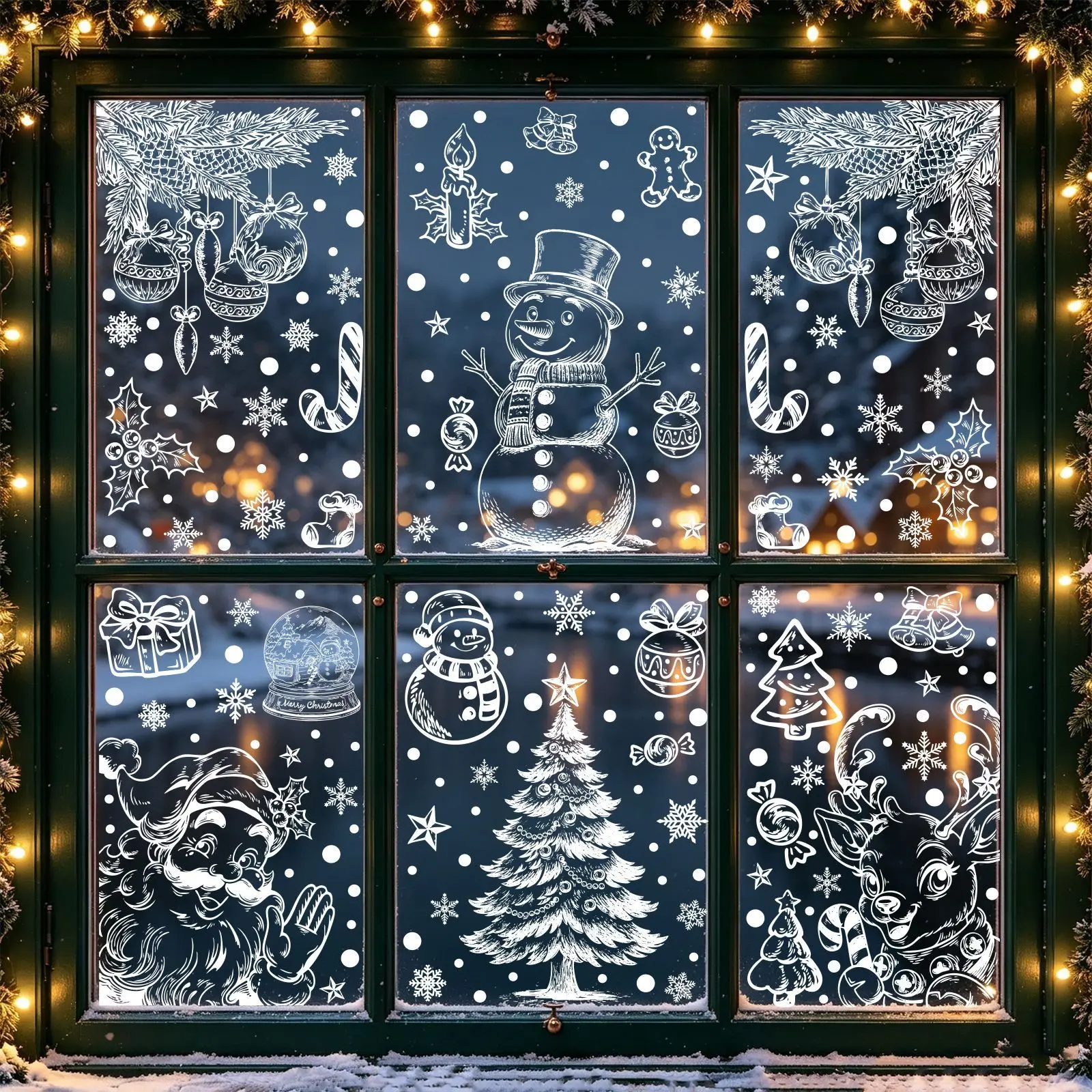 Christmas Winter White Atmosphere Static Window Clings, Warm Snowman Reindeer Santa Claus Glass Stickers