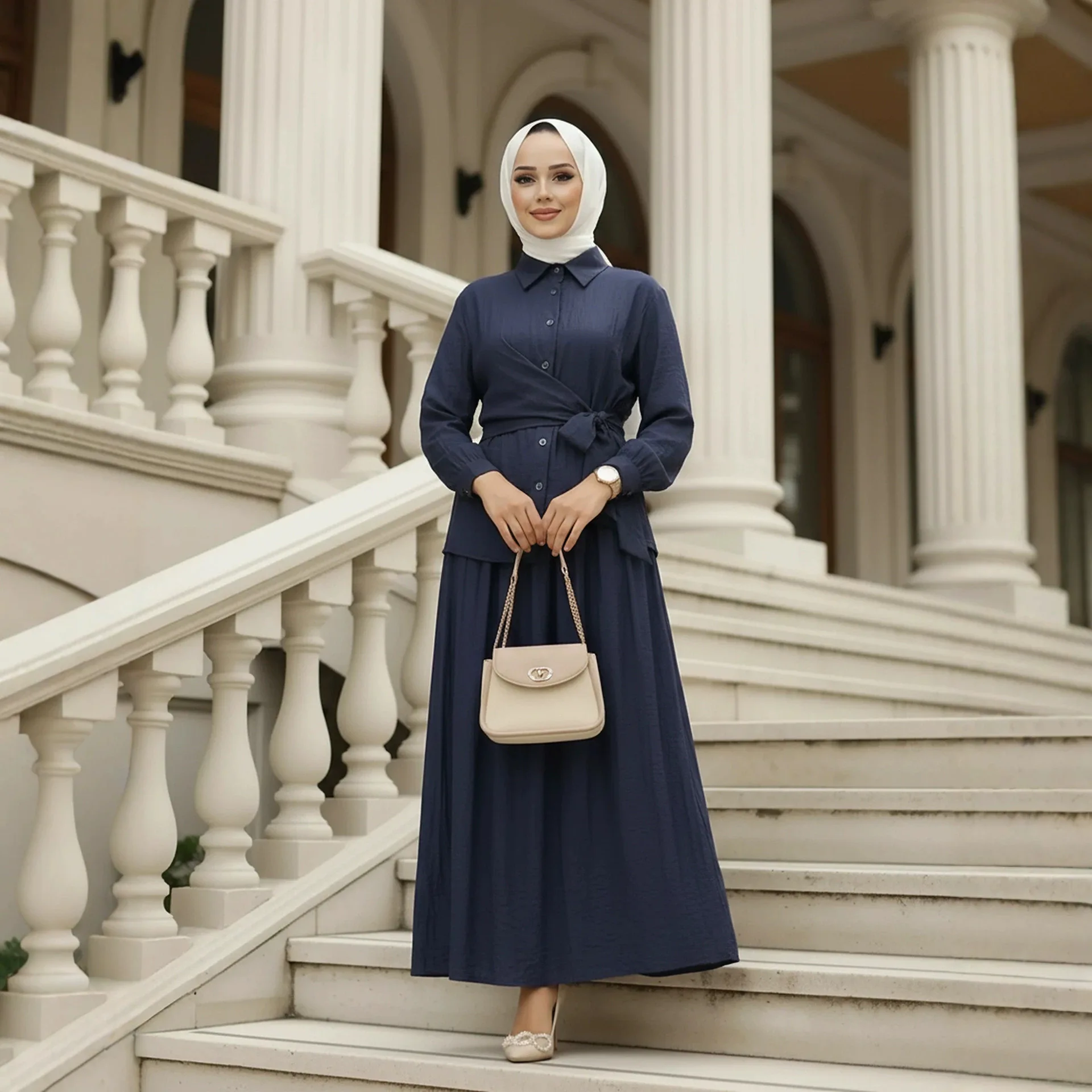 

Women Buttons Long Sleeve Tops Skirt Set Dubai Abaya Muslim Blouse Shirt Dress 2 Piece Islam Outfits Femme Musulman Ensembles