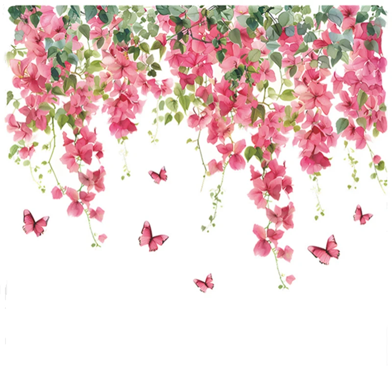 Watercolor Flowers Vine Leafy Butterfly Vinyl Mural Home Decoration for Room 3D Effect Wall Art Scenery Stickers