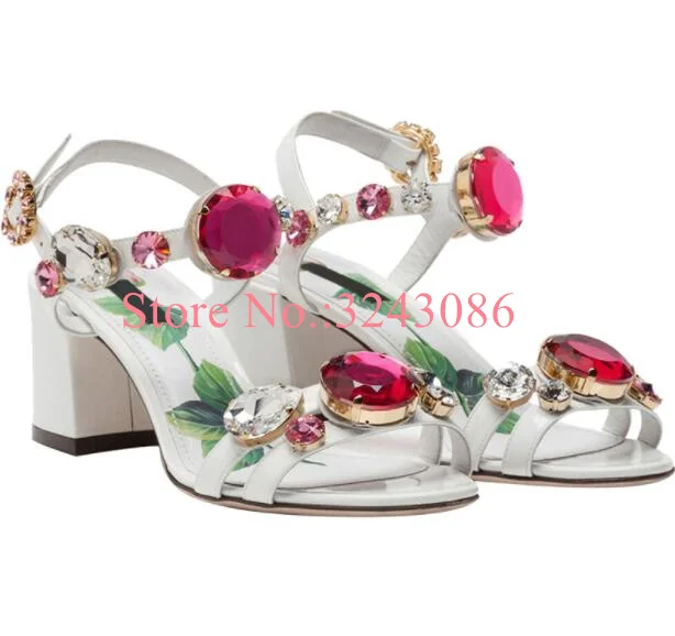 New Crystal Chunky Heel Sandals Woman Fashion Mixed Color Diamond Beach Sandals Sexy Lady Banquet Shoes Dropship