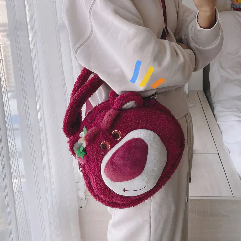 Disney Lotso Kawaii Strawberry Bear Stuffed Toys Cartoon&Cute Backpack School Bag Crossbody Bag Shoulder Bag Gift For Kids Girl