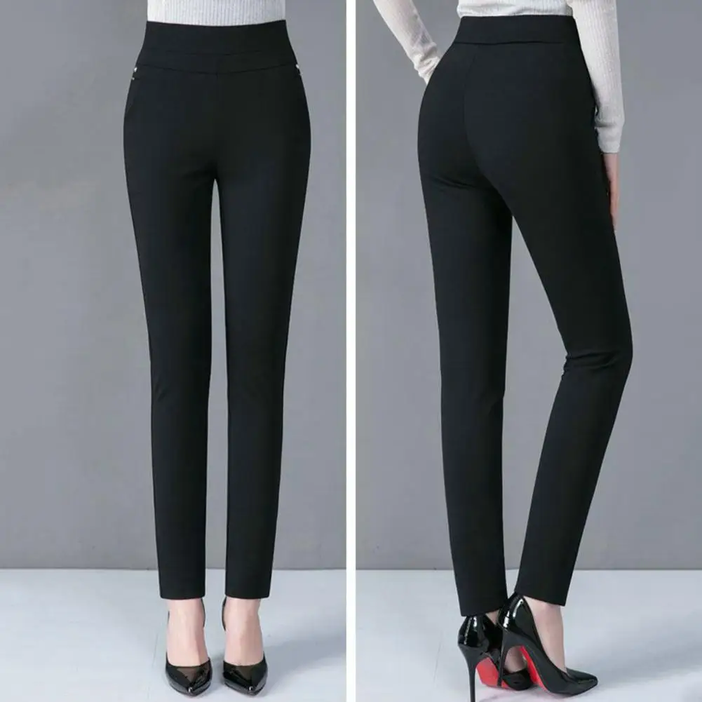 Moeder Lente Broek Hoge Taille Casual Stretch Zakken Effen Kleur Match Top Slim Fit Plus Size Potlood Broek Dameskleding