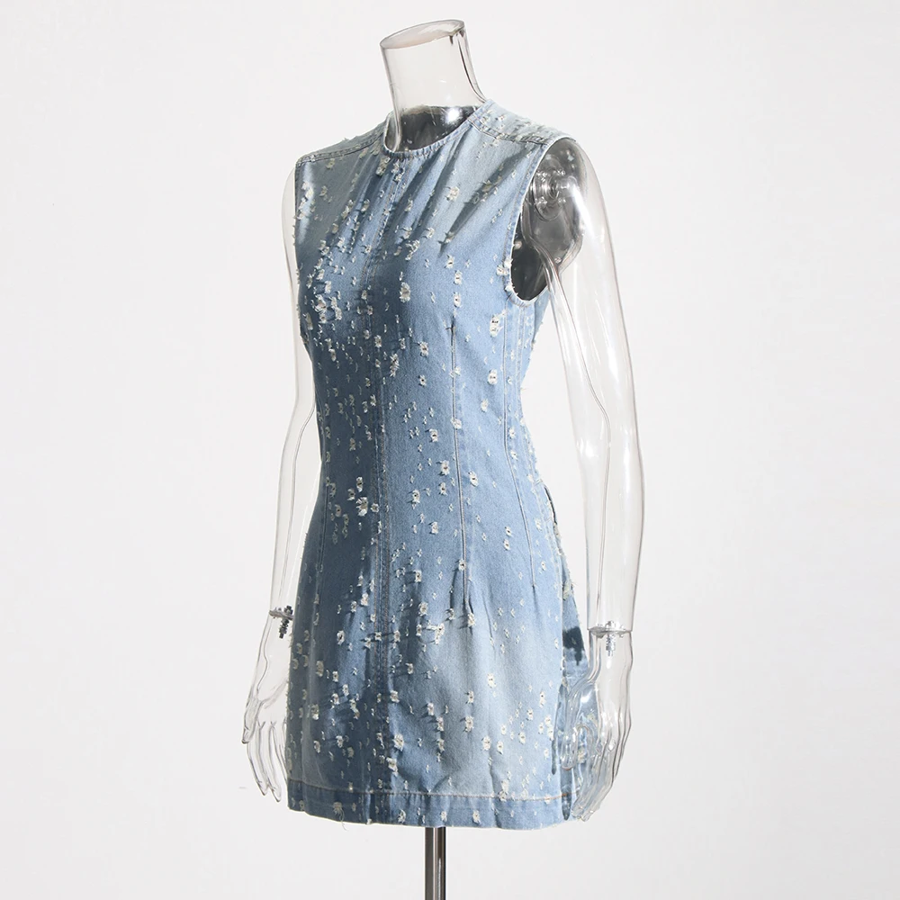 TWOTWINSTYLE Abiti in denim solido per le donne Girocollo senza maniche Tunica Tasche patchwork Scava fuori il vestito sottile Moda femminile