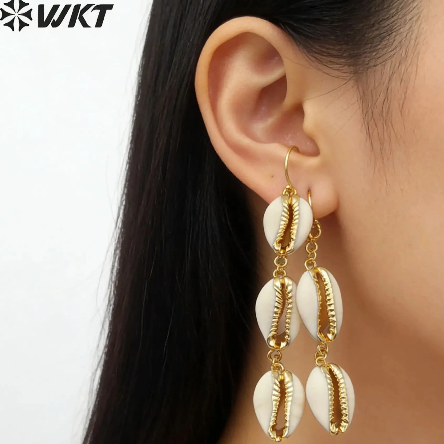 WT-E519 Triple Cowrie Shell Earring Design With 18k Gold Electroplated Earring Beach Jewelry For Special Gifts