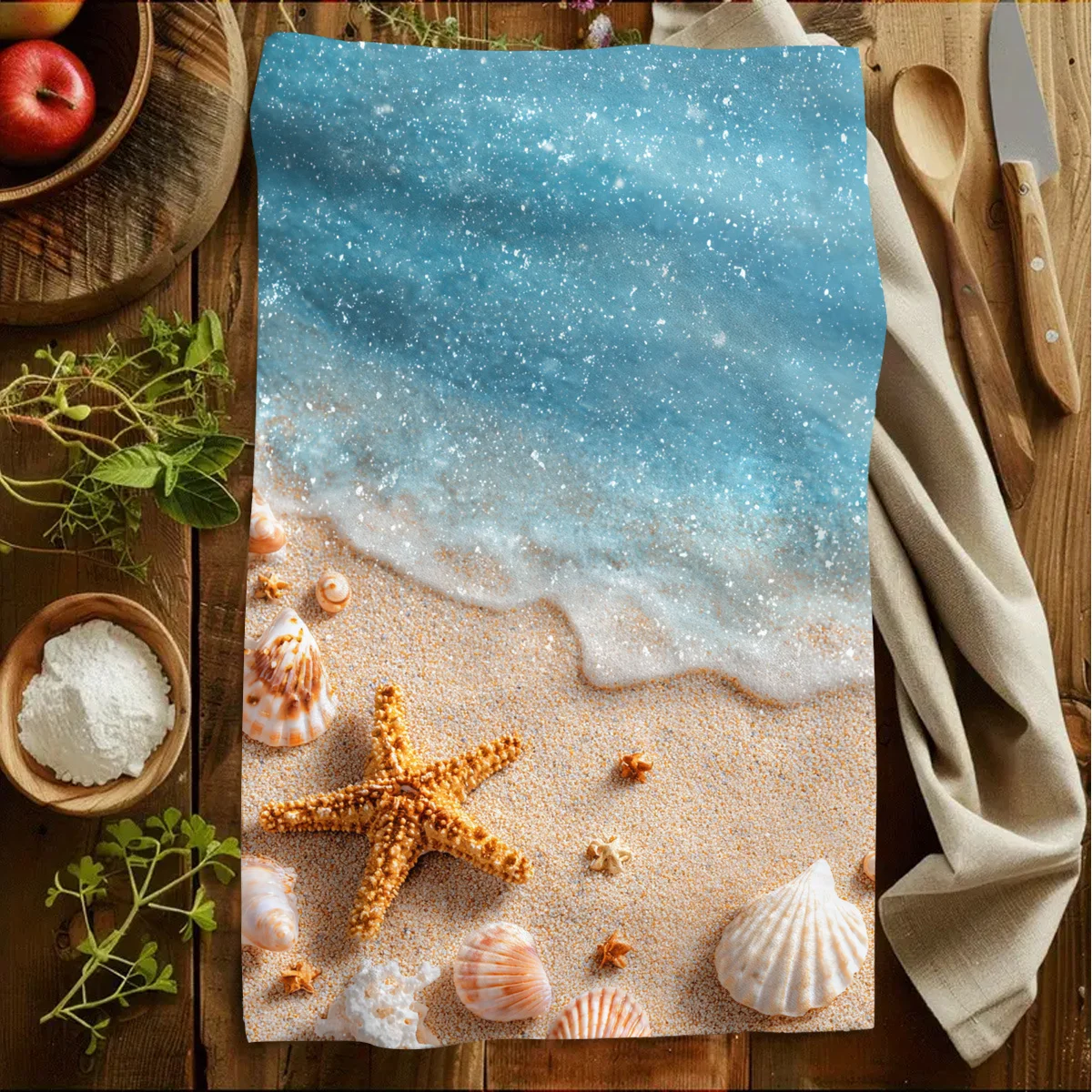 1pc Beach Starfish & Shell Printed Scrub Cloth,Soft Absorbent Kitchen Hand Towel,Perfect for Kitchen,Dining Room, Bathroom, Dorm