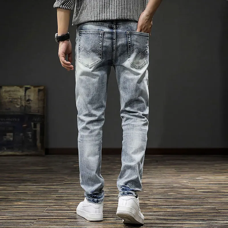 Jeans rasgado azul claro masculino, estilo italiano, vintage, casual, retrô, stretch, slim fit, moda estilista