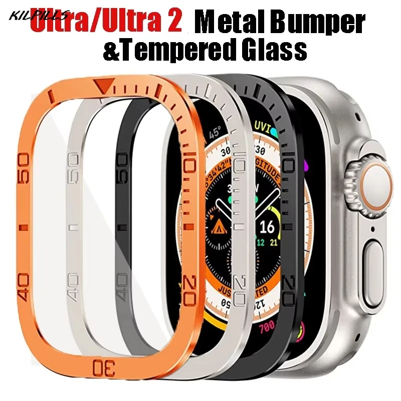 

Glass For Apple Watch band ultra 49mm Screen Protector Anti-Scratch Aluminum Alloy Cover Frame+HD Tempered Film iWatch ultra 2/3