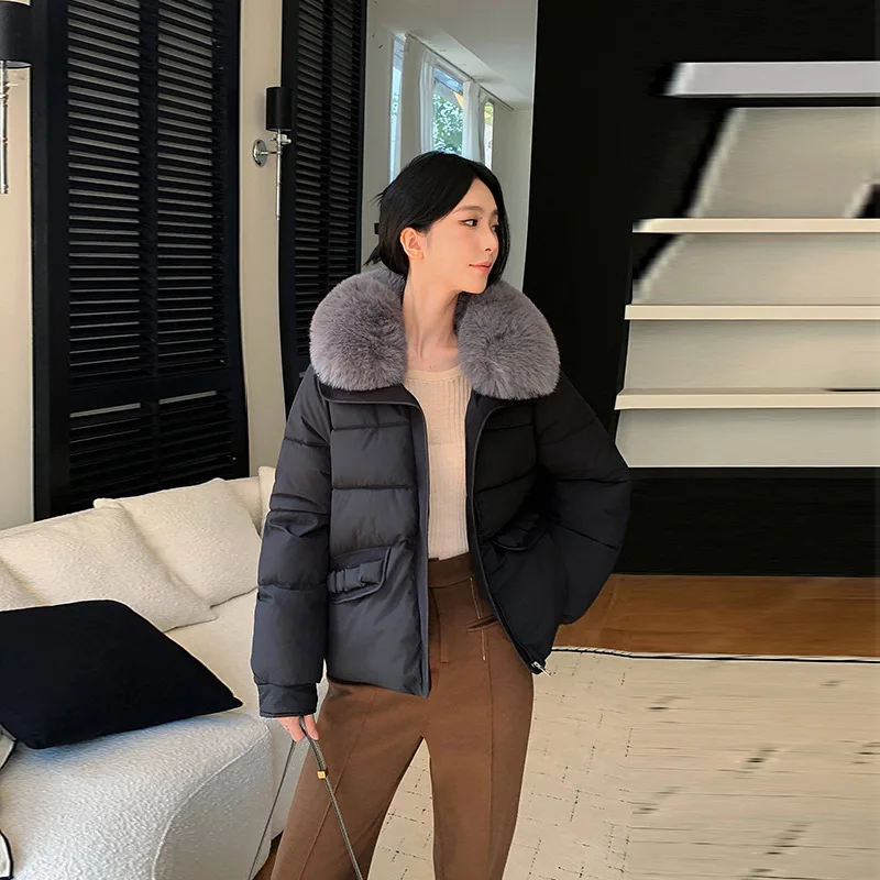 Inverno quente gola de pele feminina parka moda confortável bolsos com zíper design algodão acolchoado jaqueta elegante fino grosso casaco feminino