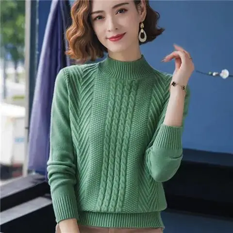 

Autumn/winter Women's Loose Knitted Bottom Thickened Twist Half High Neck Jacquard Pullover Sweater Knitted Bottom Shirt LJ415