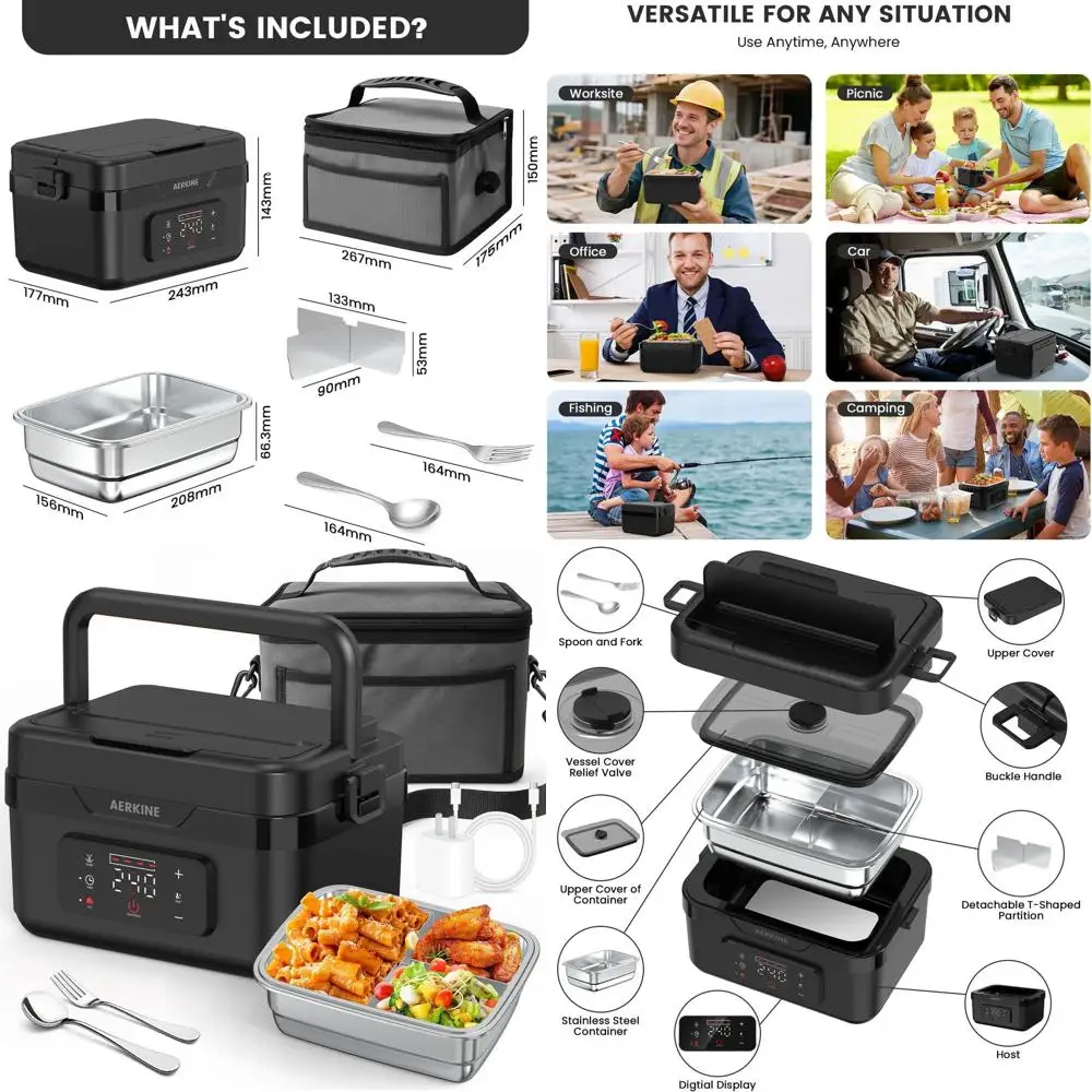 

Rechargeable 75W Self-Heating Food Warmer, 6.3 Cups Stainless Steel Container, Lunch Box for Office, Picnic, Car, Outdoor Use