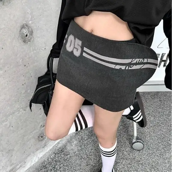 Hook And Loop Fasteners Design Sports Grey Mini Skirt For Women Numeral Print High Waist A-Line Skirt Retro Summer Fashion Skirt