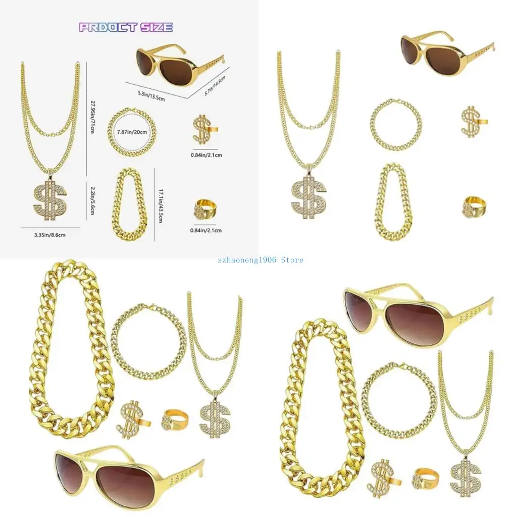 

85LF 6PCS Hip Hop Punk Dollar Sign Necklace and Ring Eyeglass for Party