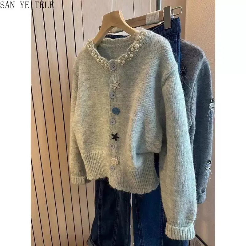 

Blue Button Knit Cardigan Sweater Jacket Women Autumn Winter Tops Korean Diamond Inlay O-Neck Sweet Soft Lazy Fashionable