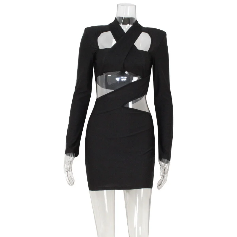 Sexy Club Mini sukienki damskie Solid Hollow Out V-Neck Regular Long Sleeves Sheath Bodycon Slim Fit Streetwear Vestidos 2025 New
