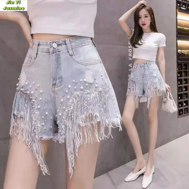 

2024 Spring/Summer New Personalized Denim Shorts High Waist Diamonds Heavy Industry Sequin Tassel Denim Hot Pants