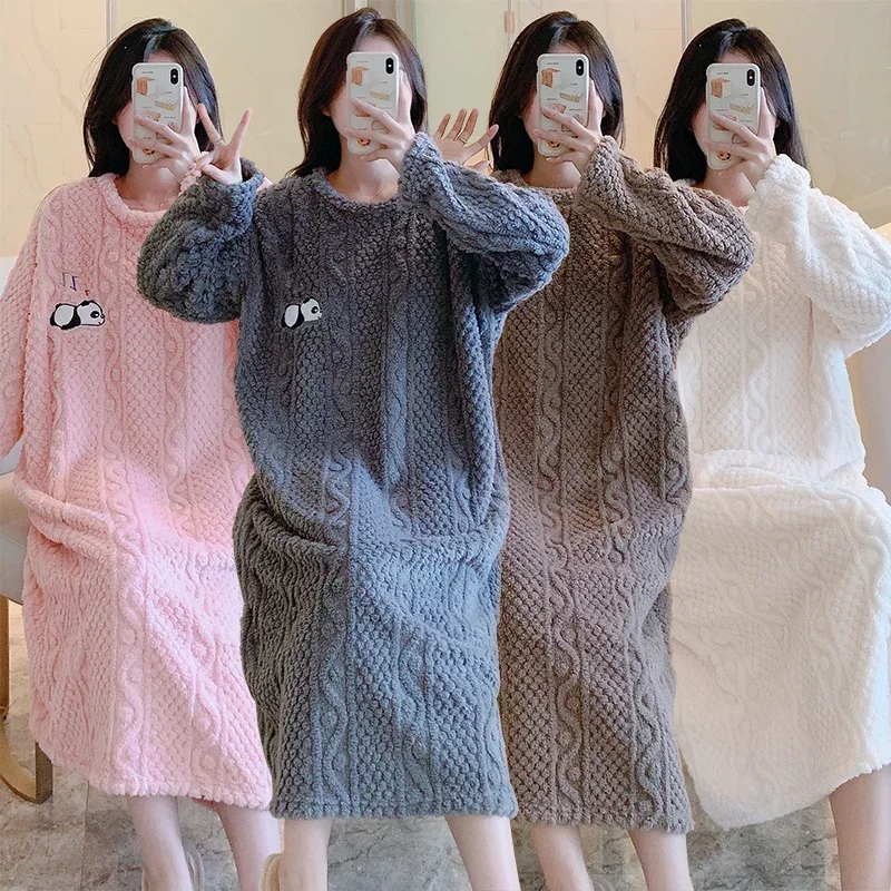 

2024 Winter Plus Size Long Sleeve Thick Warm Flannel Nightgowns for Women Korean Loose Sleepwear Night Dress Nightdress Nighty