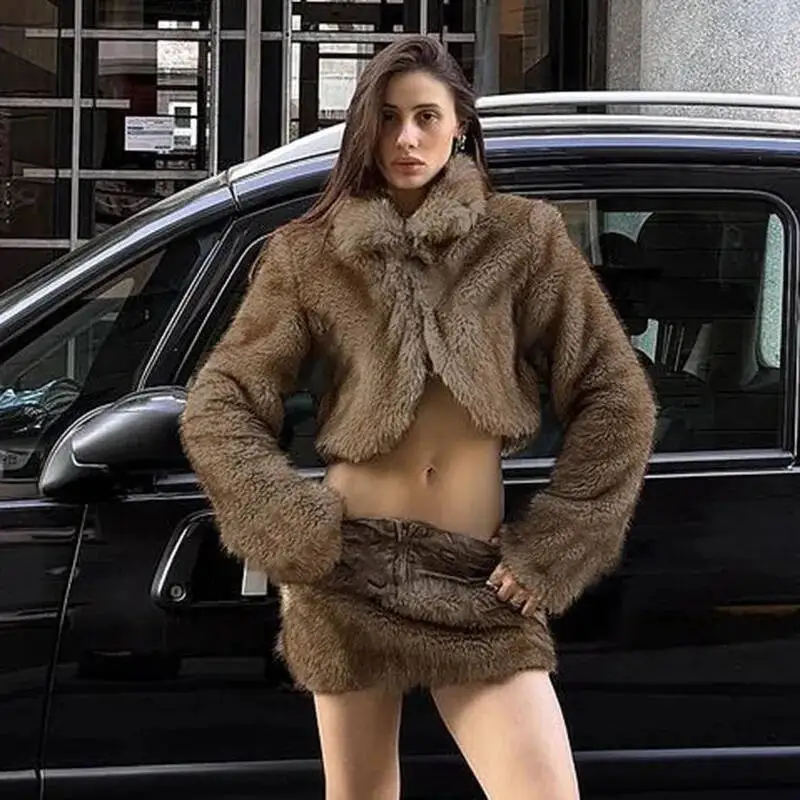 2 Piece Patchwork PU Leather Long Sleeve Jackets Crop Top Faux Fur Bodycon Mini Skirts Autumn Winter Skirt Set