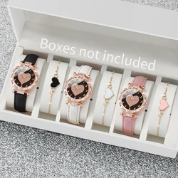 6PCs/Set Fashion Women's Watch Leather Strap Quartz Watch with Love Bracelet Set