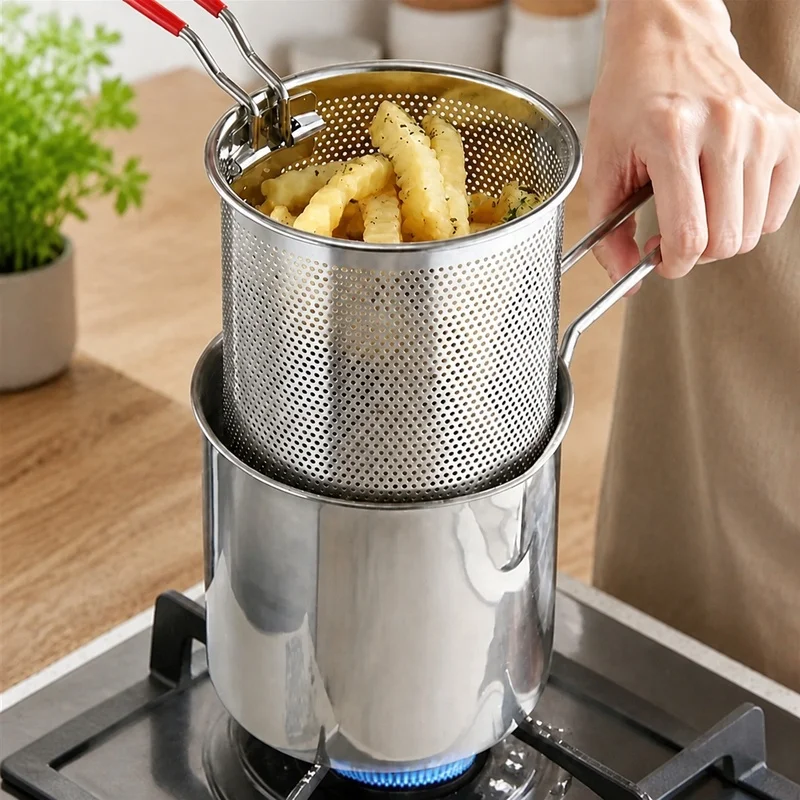 Home Kitchen Deep Fryer with Oil Basket, Durable Stainless Steel Design for Crispy Fries and Wings