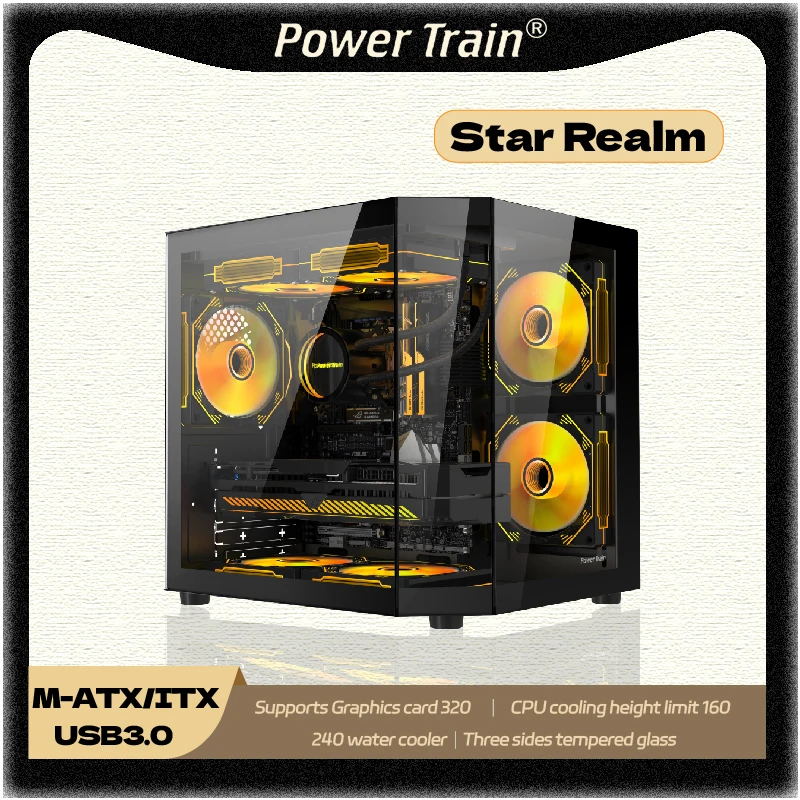 

Power Train Star Realm M-ATX PC case Three Sided Glass Panoramic Sea View Room 240 Water Cooler Desktop Computer Chassis