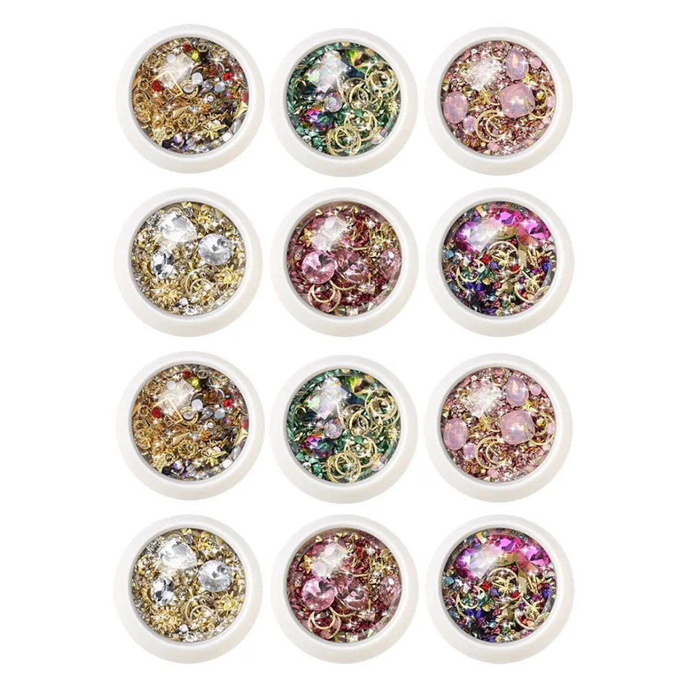 12박스 DIY 네일 참 세트 혼합형 라인스톤 보석 매니큐어 스터드 스팽글 장식품 홈 살롱 네일 아트용 액세서리